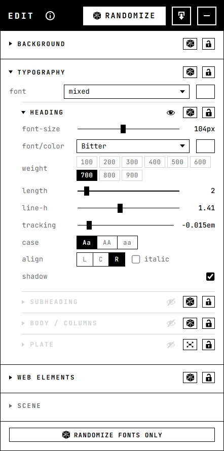 The edit panel: Background, Typography, Web elements and Scene as collapsible layer
                  sections, each row with an eye, a dice and a lock.